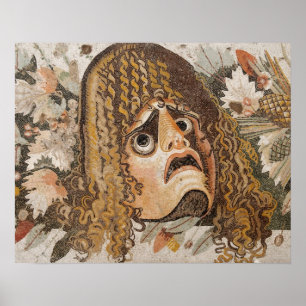 Romersk mosaik, med mask, löv och frukt poster