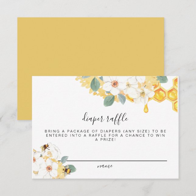 Romy - Blommigt Honungsbin Diaper Raffle Biljett C Inbjudningar (Fram/baksida)
