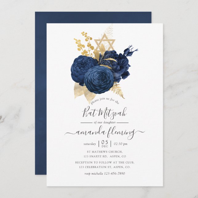 Ron sjöblått och Guld Vintage Bat mitzvah Inbjudningar (Fram/baksida)