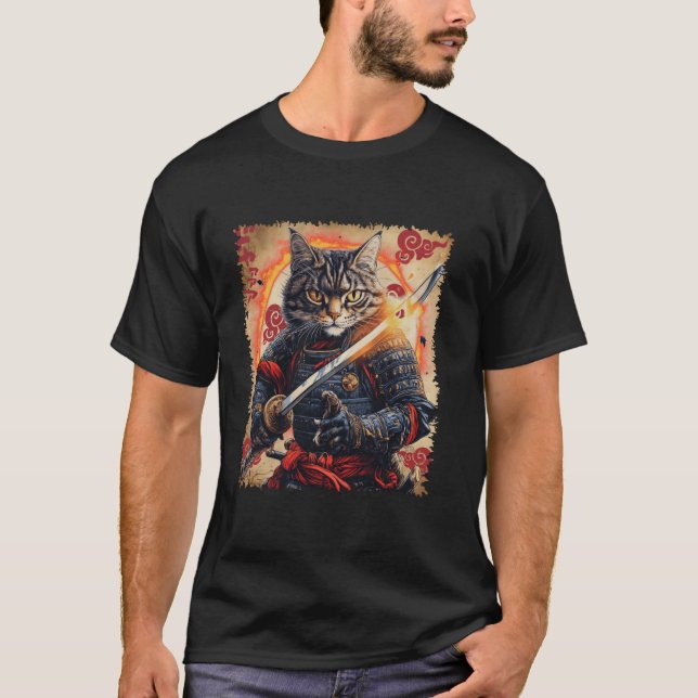 Ronin Samurai Cat Warrior med Katana Kattdjur Bush T Shirt (Framsida)