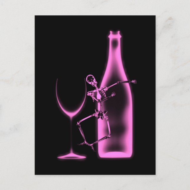 Röntgenfirande Skelett & Vin - Rosa Vykort (Framsida)