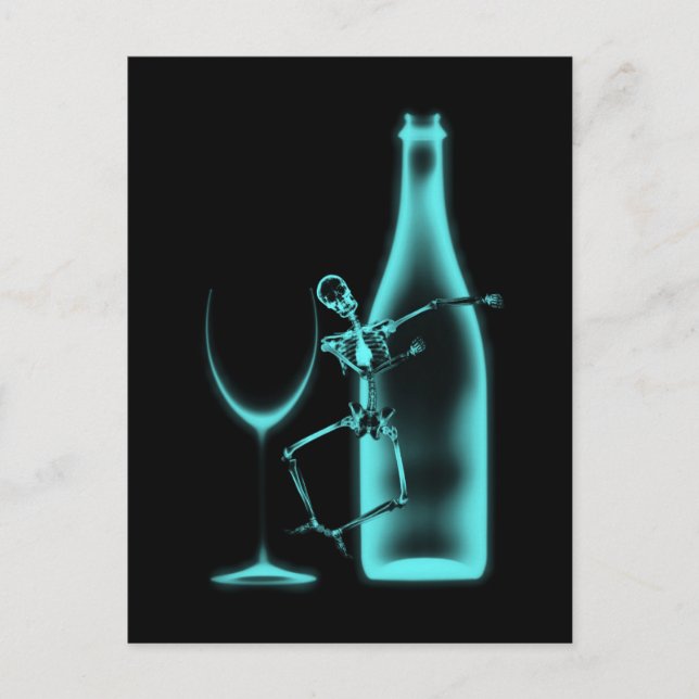 Röntgenfirande Skelett & Vin - Teal Vykort (Framsida)