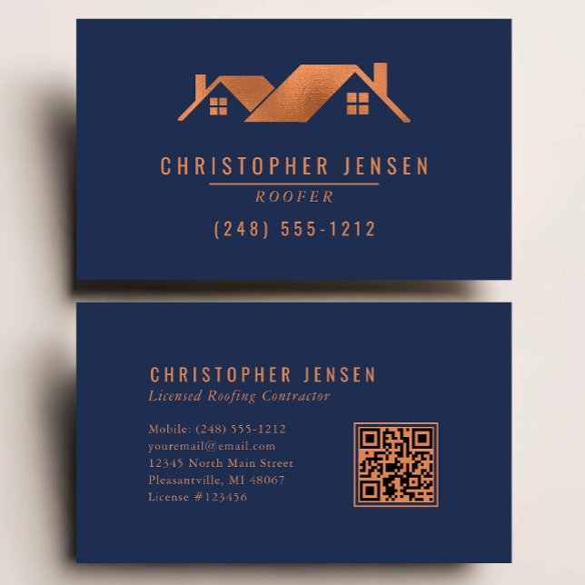 Roofer QR Code Roofing Business Navy Blue Copper Visitkort (Skapare uppladdad)