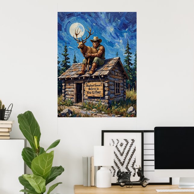 Rooftop Revelation: Bigfoot's Moonlit Embrace Poster (Hemmakontoret)