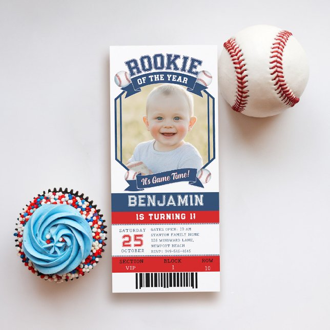 Rookie Baseball Biljett Red Blue Boy 1st Birthday Inbjudningar (boy 1st birthday invitation baseball ticket rookie of the year photo template blue red white game)