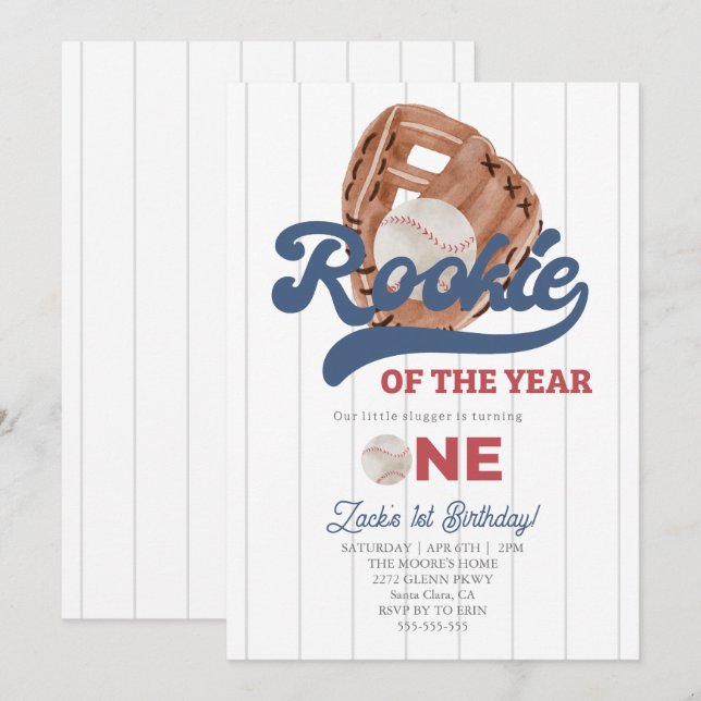 Rookie Baseball glove Boys 1:a födelsedag Inbjudningar (Fram/baksida)