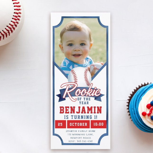 Rookie Baseball Photo Blue Boy 1st Birthday Inbjud (rookie of the year 1st birthday invite boy photo template red blue milestone invitation ticket)
