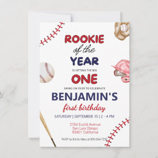 Rookie baseball röd blå 1:a födelsedag inbjudningar