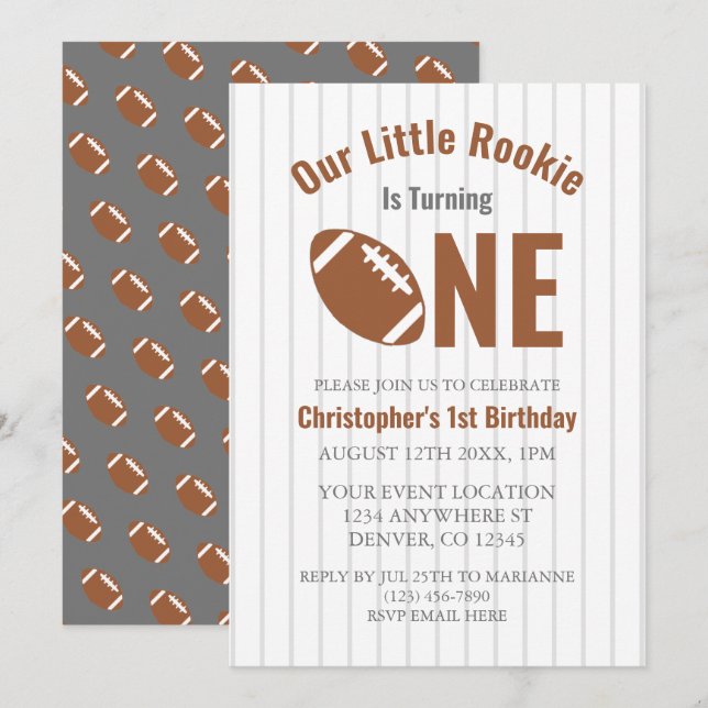 Rookie Football 1st Birthday Inbjudningar (Fram/baksida)