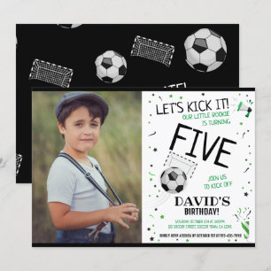Rookie Låt oss Kick it Black Soccer Photo Birthday Inbjudningar