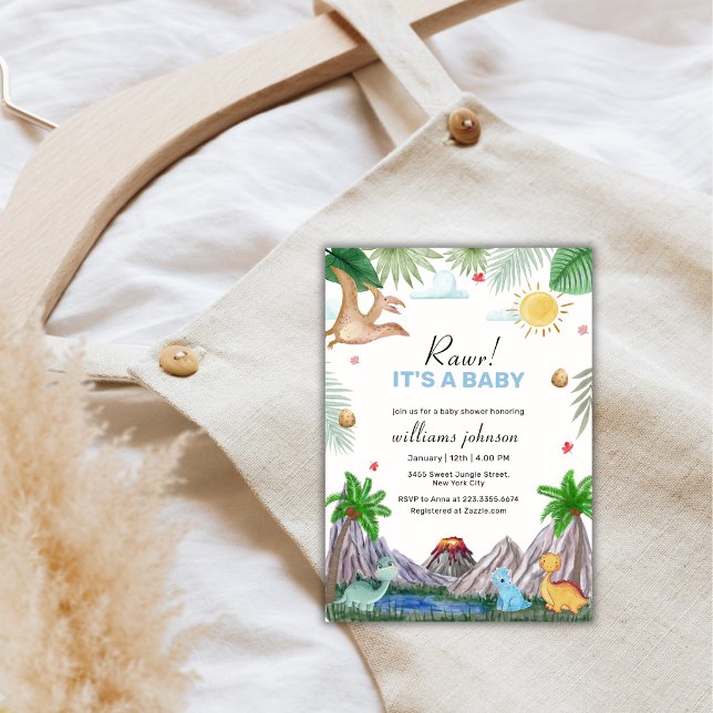 Rooo Vulkan Berg Skog Dinosaurie Babyfest Inbjudningar (Rawr Volcano Mountain Forest Dinosaur Baby Shower Invitation)