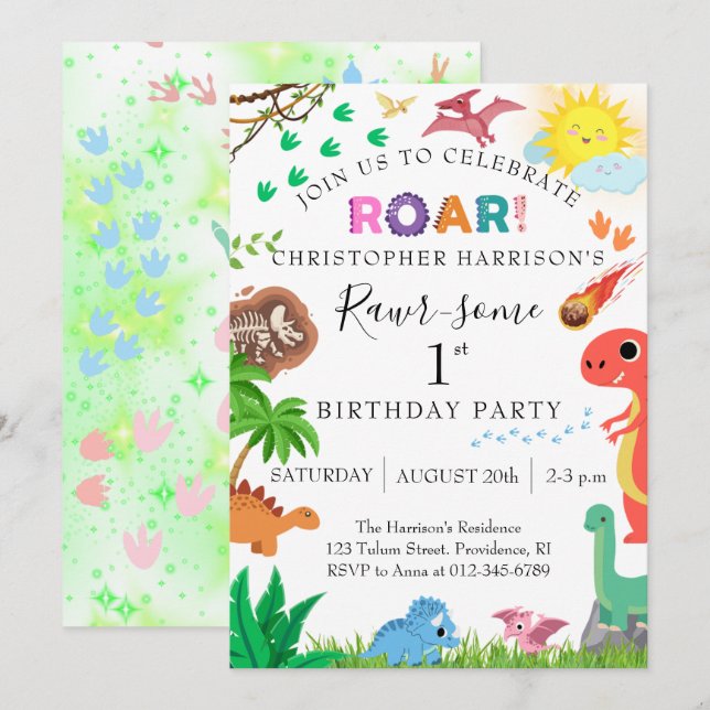 Roooar-som dinosaur 1-års födelsedagsfest inbjudningar (Fram/baksida)