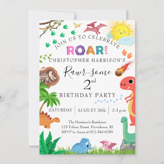 Roooar-som dinosaur 2-års födelsedagsfest inbjudningar (Framsida)
