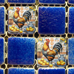 Rooster and Lemons Azulejo Style Blue Orange Cream Kakelplatta<br><div class="desc">This ceramic tile depicts a mischievous orange and navy blue rooster that jumped up on a tiled counter to check out some plates of lemons. The vase, counter, and backsplash tile is similar to Mediterranean or Azulejo style kitchens for a classic, European look. If you or your recipient like vintage...</div>