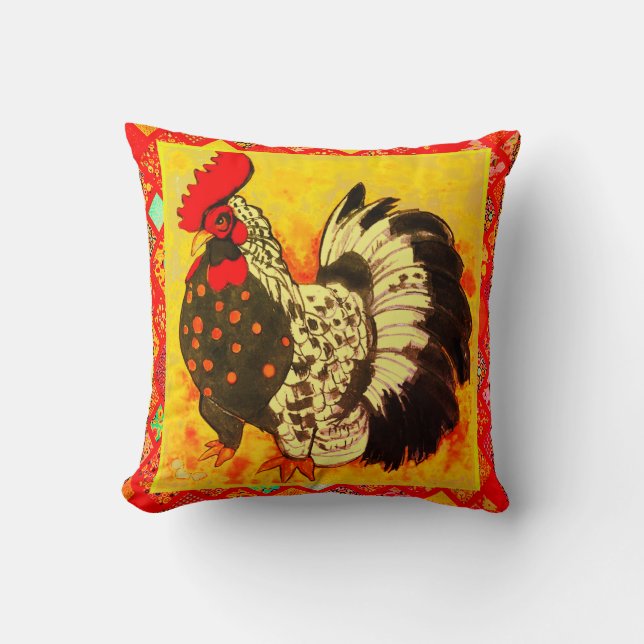 Rooster Art with Red Decorative Border Kudde (Framsida)