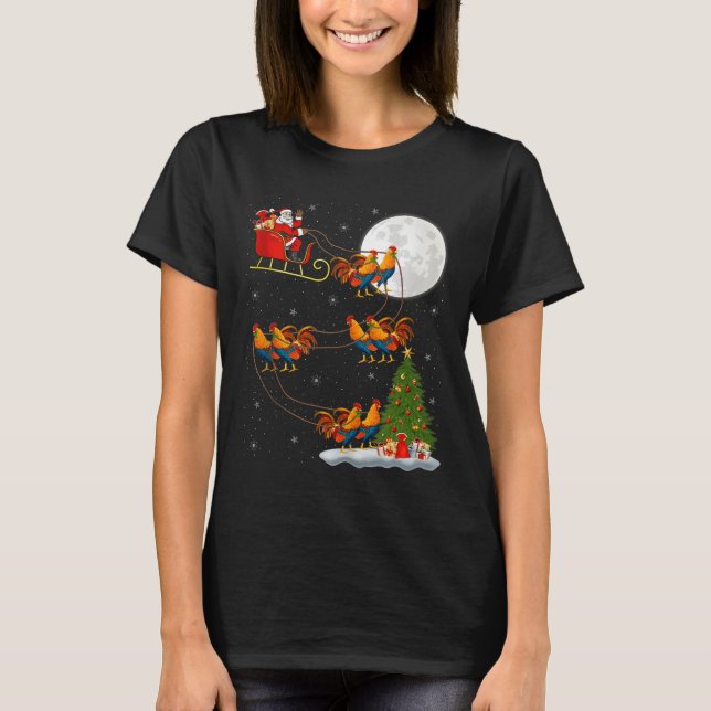Rooster Chickens Santa Sleigh Flying Funny Magical T Shirt (Framsida)