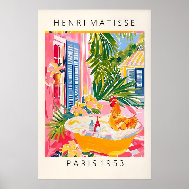 Rooster in Bathtub Art Print Pink Farmhouse Poster (Framsidan)