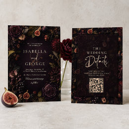 Rootad romantisk mörk burgunderfärgad blombröllop inbjudningar
