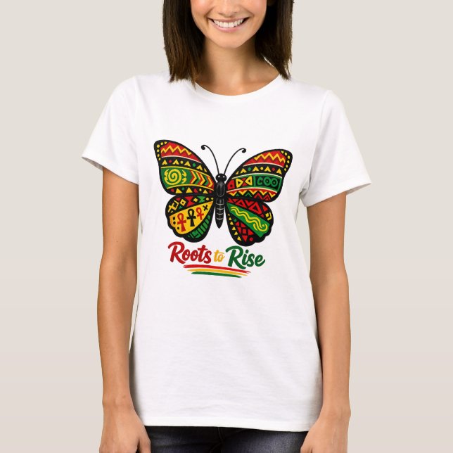 Roots to Rise Black History Butterfly Afrocentric  T Shirt (Framsida)