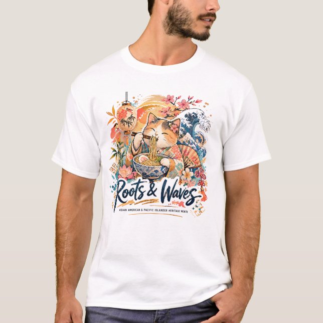 Roots & Waves Katt AAPI Collage Design T Shirt (Framsida)