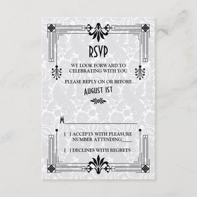 Ropande 20-tal Art Deco Bröllop RSVP-kort OSA Kort (Framsida)