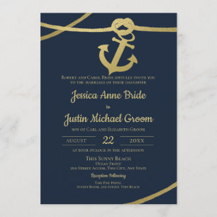 Rope Anchor Guld och Navy Blue Bröllop Inbjudningar
