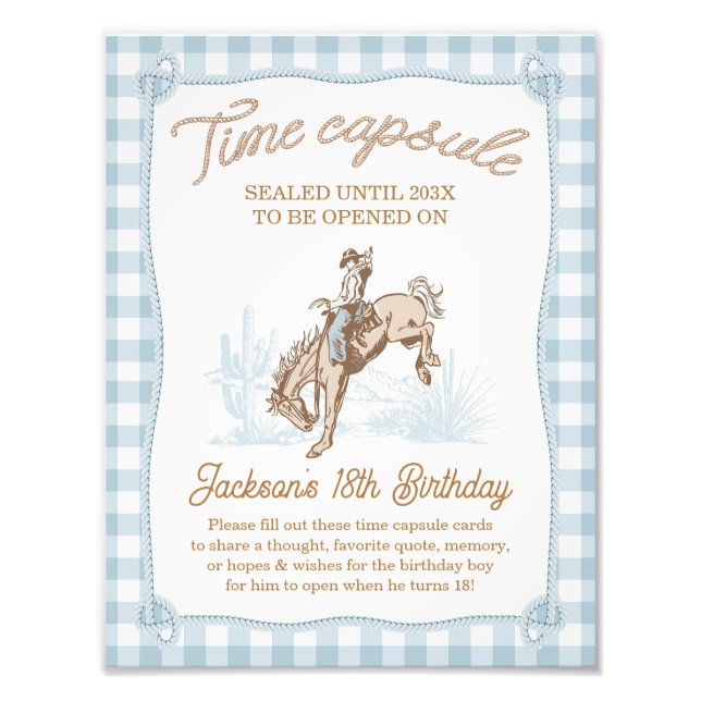 Rope Blue Play Cowboy 1st Rodeo Time Capsule-tecke Fototryck (Framsidan)