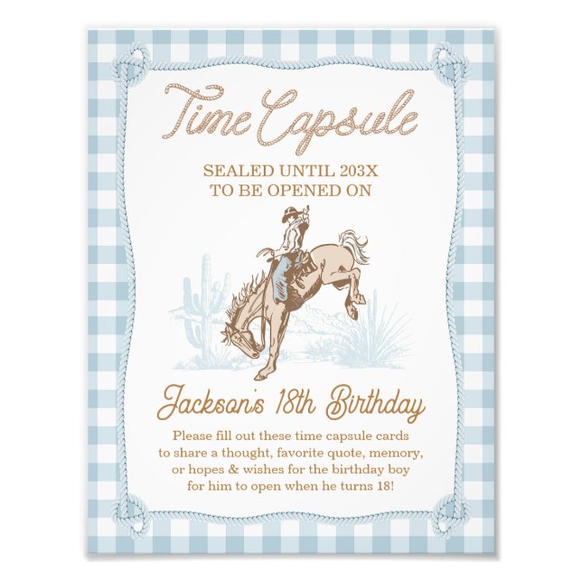 Rope Blue Play Cowboy 1st Rodeo Time Capsule-tecke Fototryck (Framsidan)