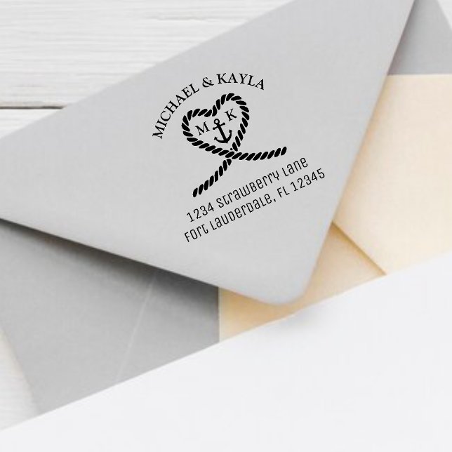 Rope Heart Anchor Monogram Bröllop Returadress Stämpel (Rope Heart Anchor Monogram Wedding Return Address Rubber Stamp)