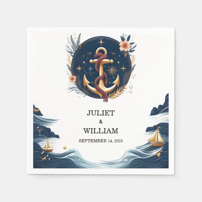 Rope Knot Boat Frakt Navy Blue Nautical Bröllop Pappersservett (Framsidan)