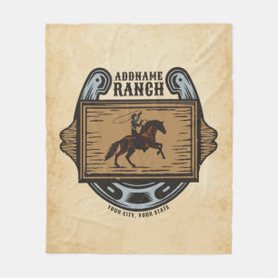 Roping Cowboy ADD NAMN Western Family Horse Ranch Fleecefilt