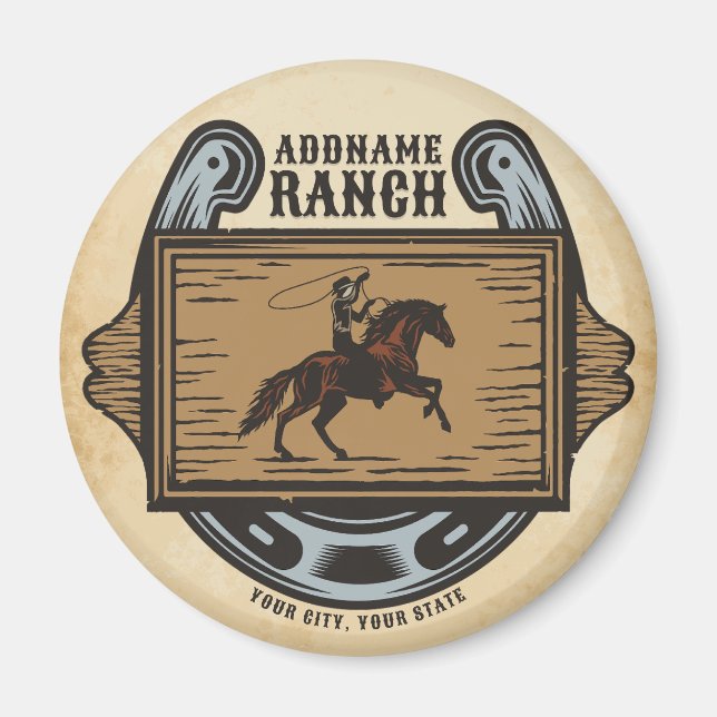 Roping Cowboy ADD NAMN Western Family Horse Ranch Magnet (Framsidan)
