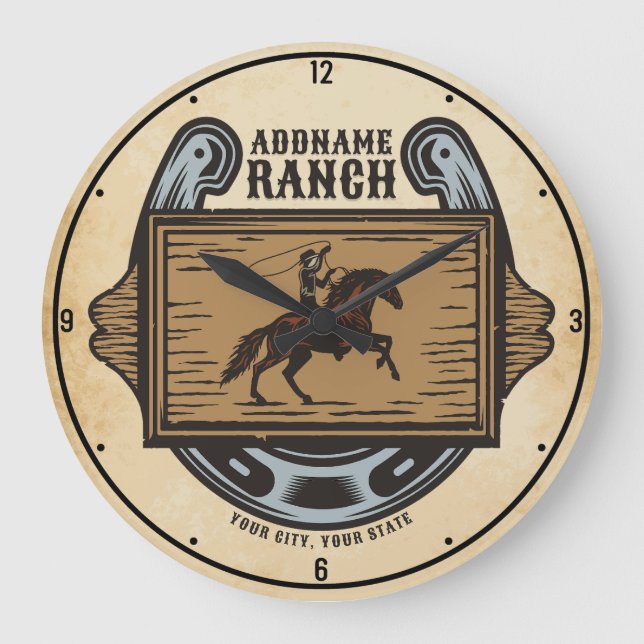 Roping Cowboy ADD NAMN Western Family Horse Ranch Stor Klocka (Framsida)