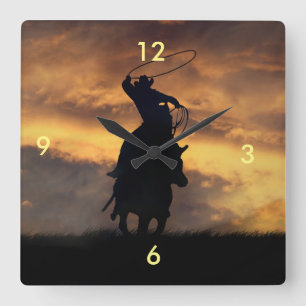Roping Cowboy och Steer Clock Fyrkantig Klocka