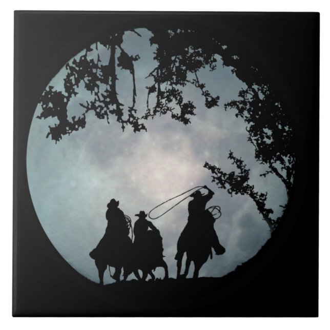 Roping Cowboys och Full Moon Art Tile Kakelplatta (Framsidan)
