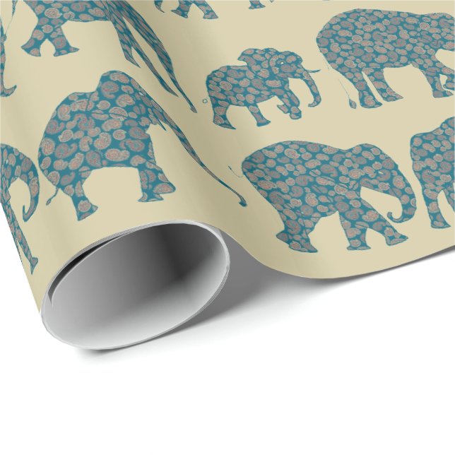 Ror av Paisley elefanter på beige Giftwrap Presentpapper (Rullad Hörn)
