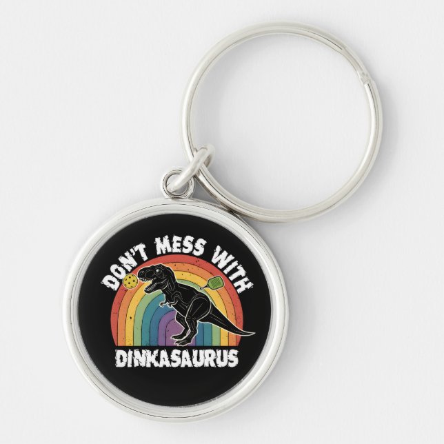 Rör Inte Dinkasaurus Pickleball Rund Silverfärgad Nyckelring (Framsidan)