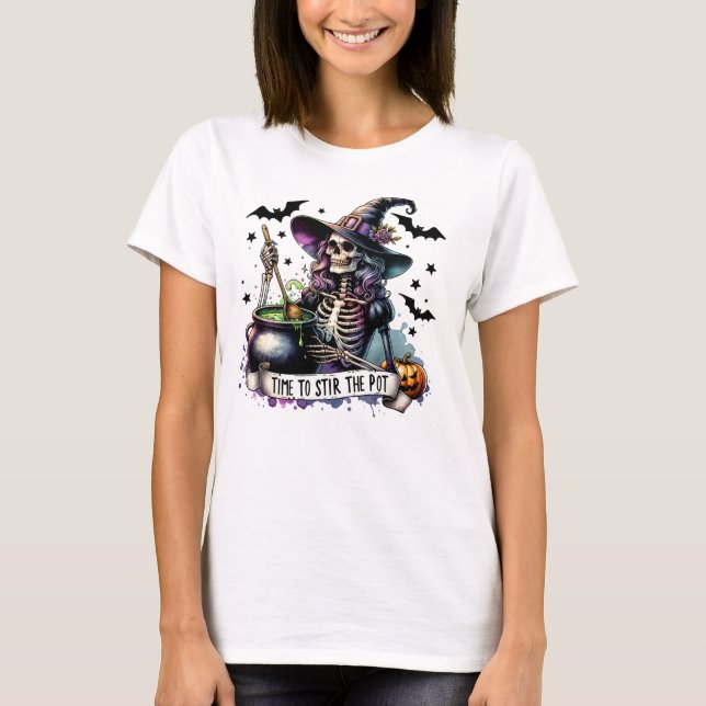 Rör om Pot Witch Skeleton Halloween Funny T Shirt (Framsida)