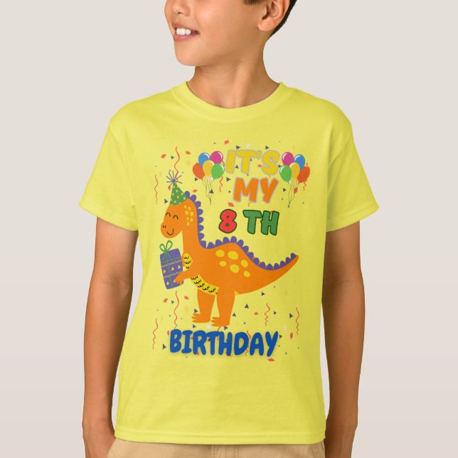 Rörande 8: Roligt Dinosaur Birthday T-Shirt för (Framsida)