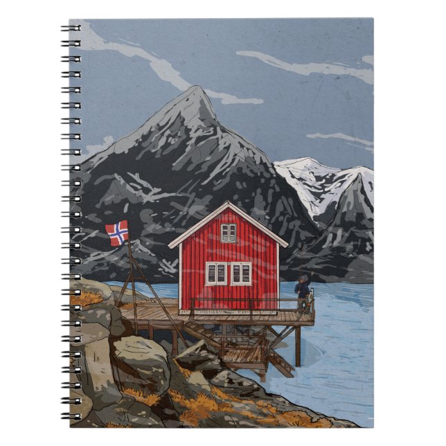 Rorbu Lofoten Bergen Norge liggande illustration Anteckningsbok (Framsidan)