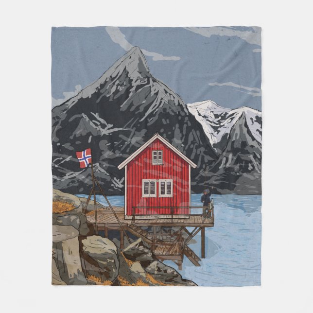 Rorbu Lofoten Bergen Norge liggande illustration Fleecefilt (Framsidan)