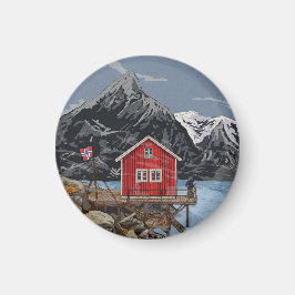 Rorbu Lofoten Bergen Norge liggande illustration Magnet