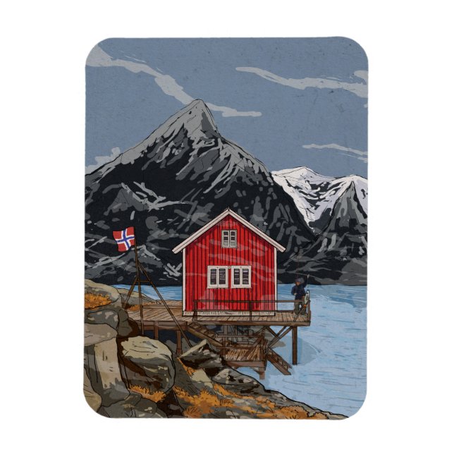 Rorbu Lofoten Bergen Norge liggande illustration Magnet (Vertikal)