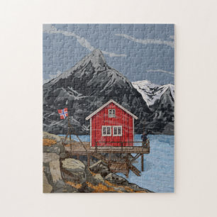 Rorbu Lofoten Bergen Norge liggande illustration Pussel