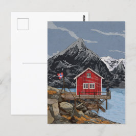 Rorbu Lofoten Bergen Norge liggande illustration Vykort