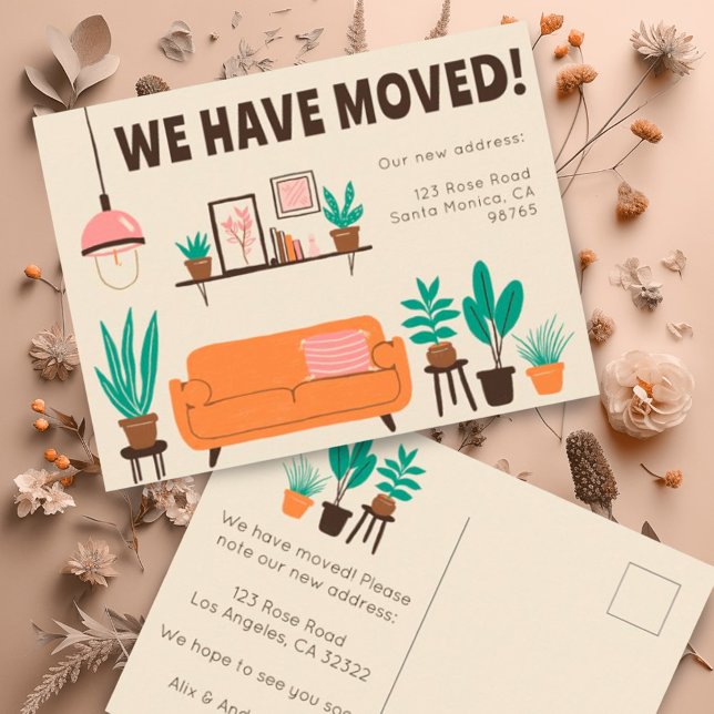 Rörelse Tillkännage Adress Söt vardagsrumssoffa  Vykort (Customize this cute modern moving announcement postcard w your own details. Livingroom illustration)