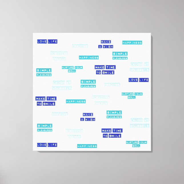 Rörelsecitat för Lycklig i färglös blåvit text Canvastryck (Framsida)