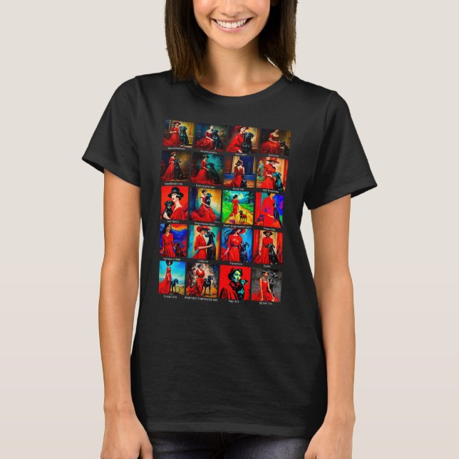 Rörelser Red Dress Black Hund Art T Shirt (Framsida)