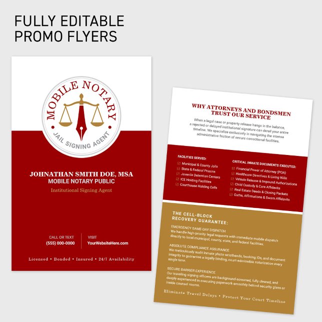 Rörlig notarius publicus underskrift agent röd gul flygblad (Fully Editable Mobile Notary Public Signing Agent Legal Promotional Flyer.)