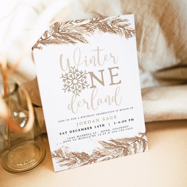 RORY Boho Beige Winter Wonderland First Birthday Inbjudningar (Skapare uppladdad)